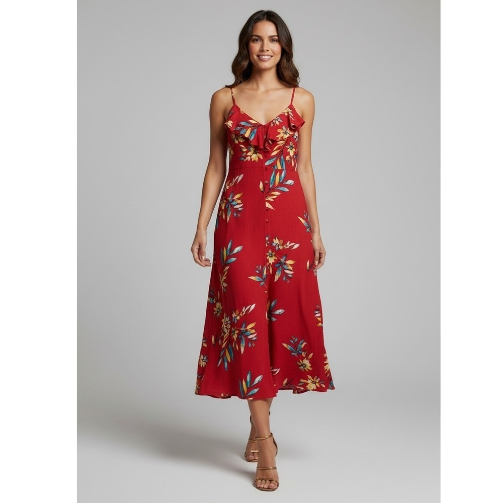 Express Red Floral Tropical Ruffle‎ Button Front Maxi Dress Women's Small